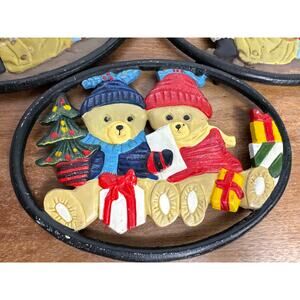 Vintage 1970s Cast Iron Christmas Trivet Lot Footed Hot Pad Pot Rest Santa Bears